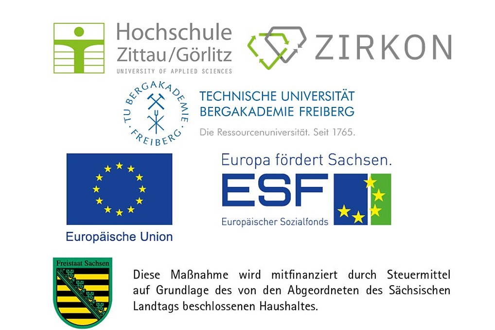 Logos der beteiligten Hochschulen - Hochschule Zittau Görlitz, TU Freiberg und der Fördermittelgeber Europäischer Sozialfong und das Bundesland Sachsen
